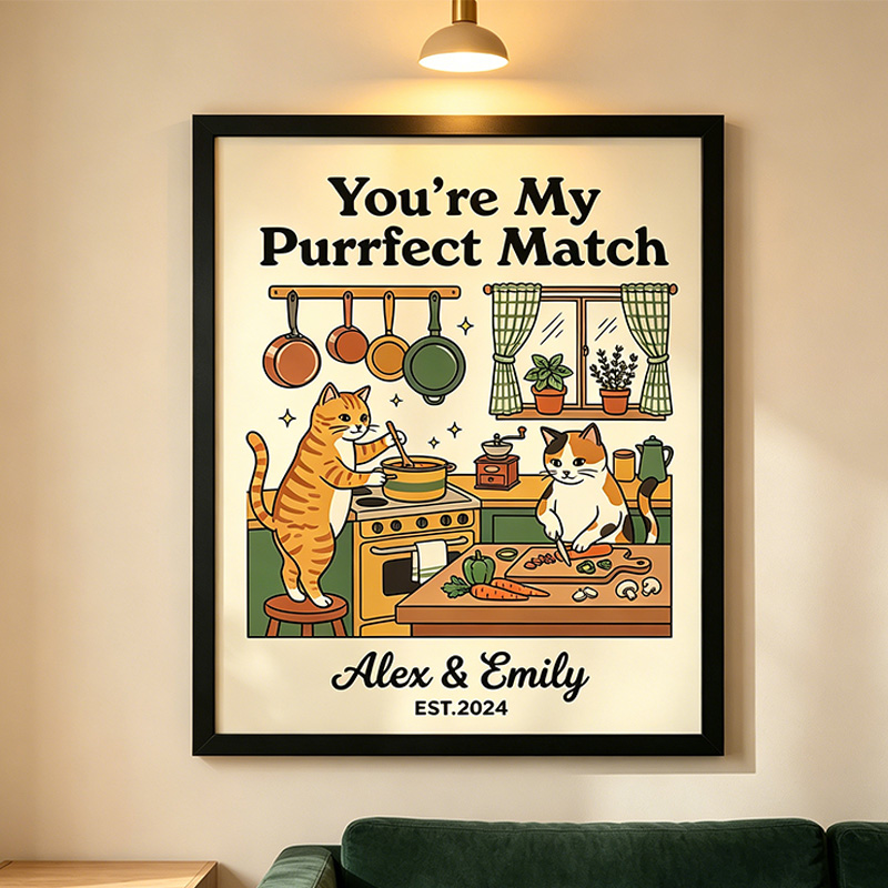 Personalized You are My Purrfect Match Couple Wall Art Couple Canvas Print Poster Romantic Love You Longer Wall Decor Anniversary  Gift Couple Cat Home Decor
