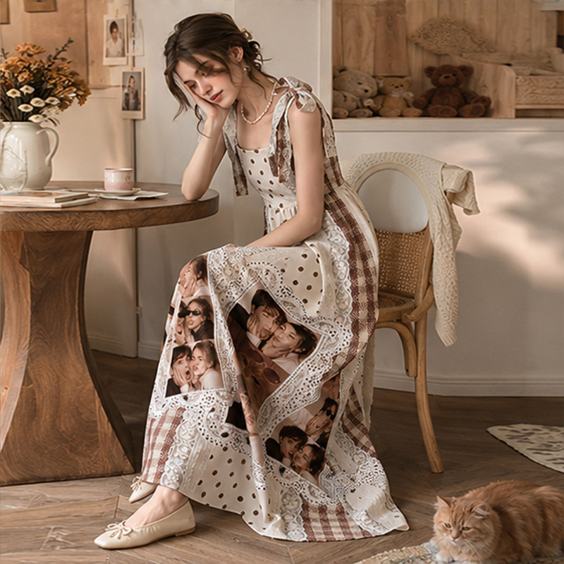 Personalized Photo Print Maxi Dress Tie-Shoulder Custom Name and Photo Summer Vacation Dress Vintage Lace Print Dress Gift for Girlfriend