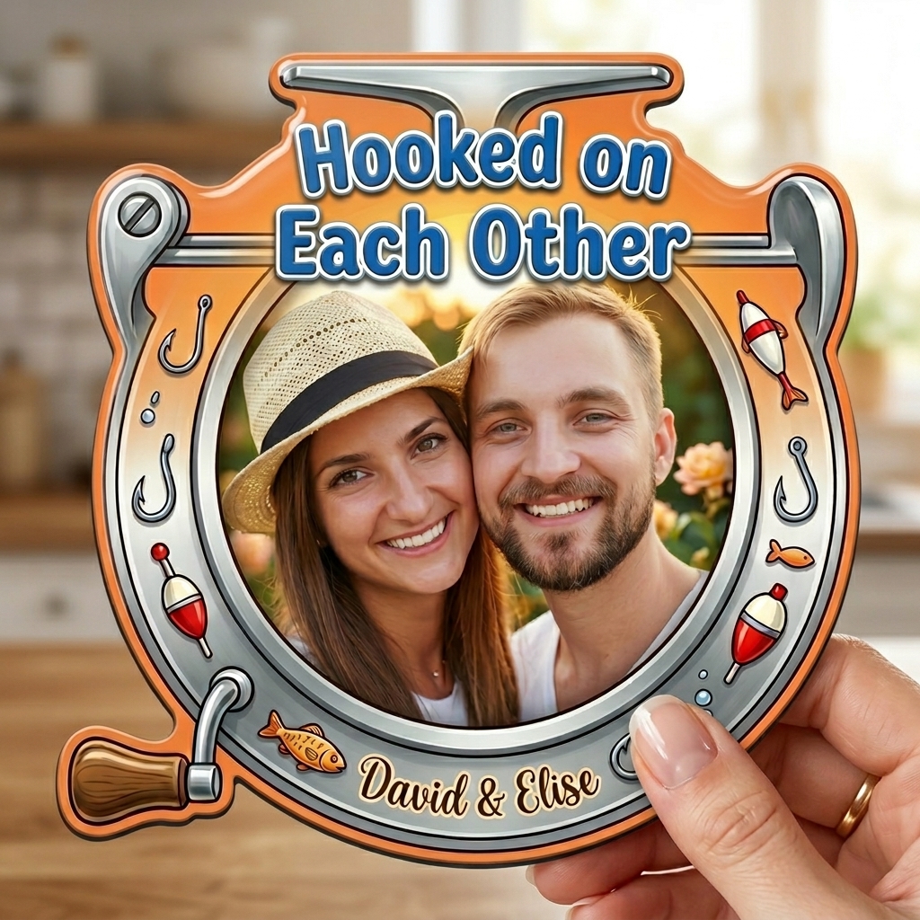 Personalized Hooked On Each Other Couple Photo Fridge Magnet Custom Couple Gift with Names Anniversary Gift for Her Him Fishing Lovers Gift