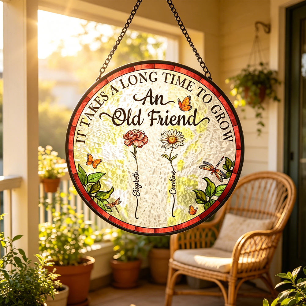  Personalized Stained Glass Window Hanging Suncatcher Birth Flower Grow An Old Friend for Best Friend