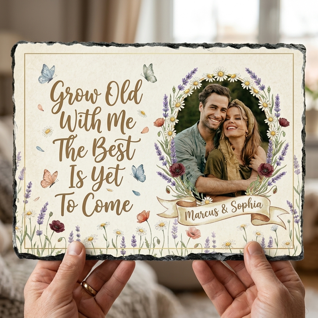 Personalized Watercolor Flower Couple Photo Slate Custom Romantic Quote Stone Plaque Engagement Gift Wedding Keepsake Valentines Gift for Partner