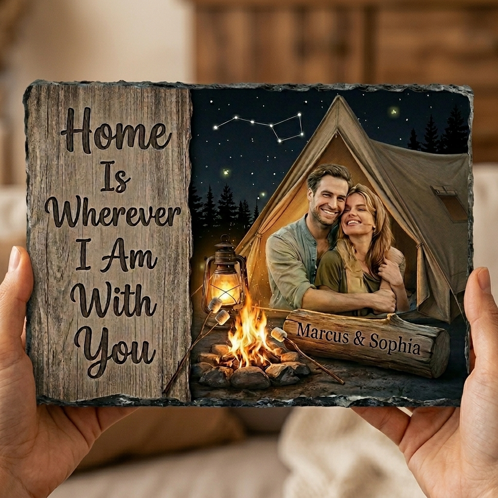 Personalized Camping Couple Photo Slate Custom "Home Is Wherever I Am With You" Stone Plaque Anniversary Gift for Outdoor Lovers