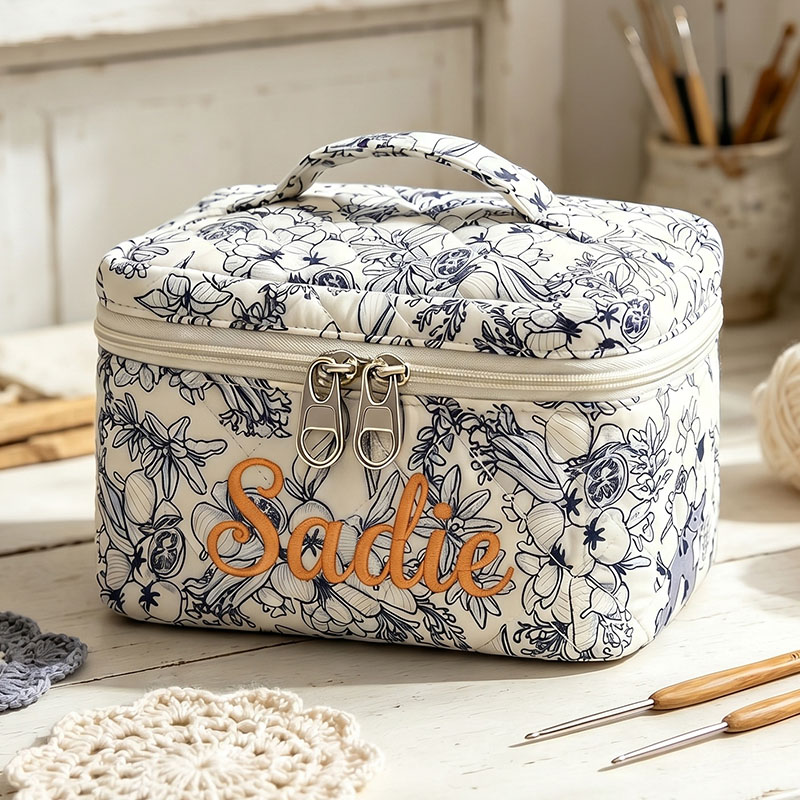 Personalized Embroidered Cotton Quilted Crochet Tool Storage Bag Large Small  Floral Crochet Tool Storage Bag Set Cute Coquette Pouch for Purse Aesthetic Cloth Flower Storage Bag Organizer