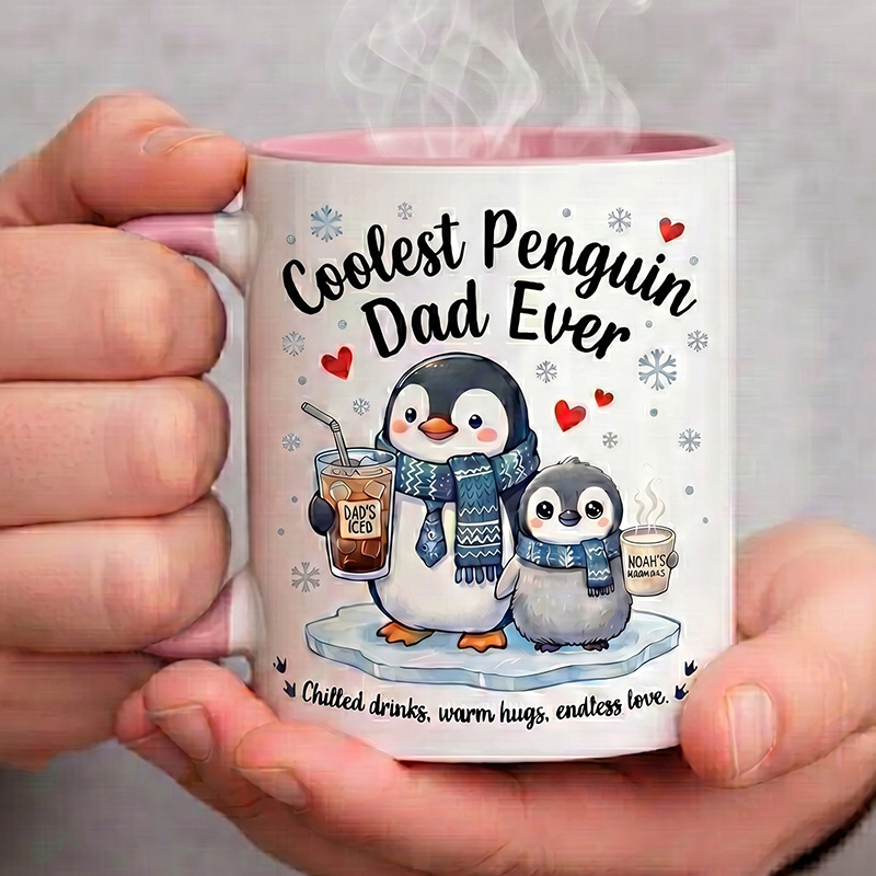 Personalized Dad & Baby Penguin Design 11 oz Ceramic Mug with Name Coolest Penguin Dad Ever Mug Birthday Gift for Dad