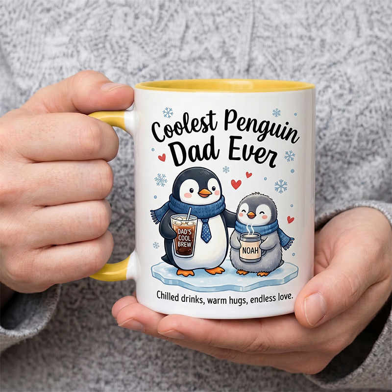 Personalized Dad & Baby Penguin Design 11 oz Ceramic Mug with Name Coolest Penguin Dad Ever Mug Birthday Gift for Dad