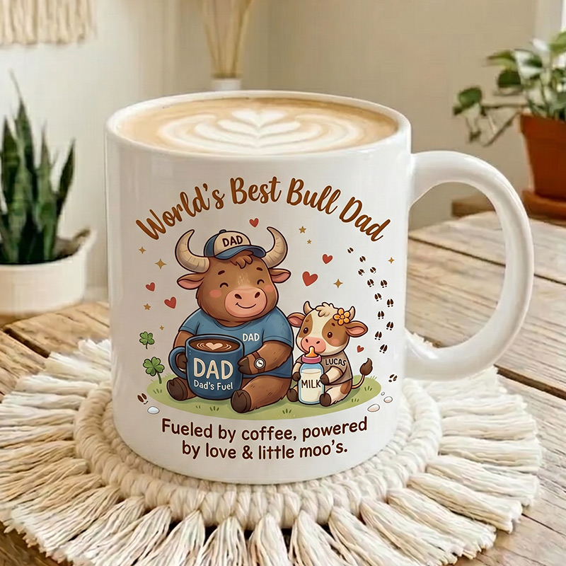 Personalized Dad & Baby Cow Design 11 oz Ceramic Mug with Name World’s Best Bull Dad Mug Birthday Gift for Dad