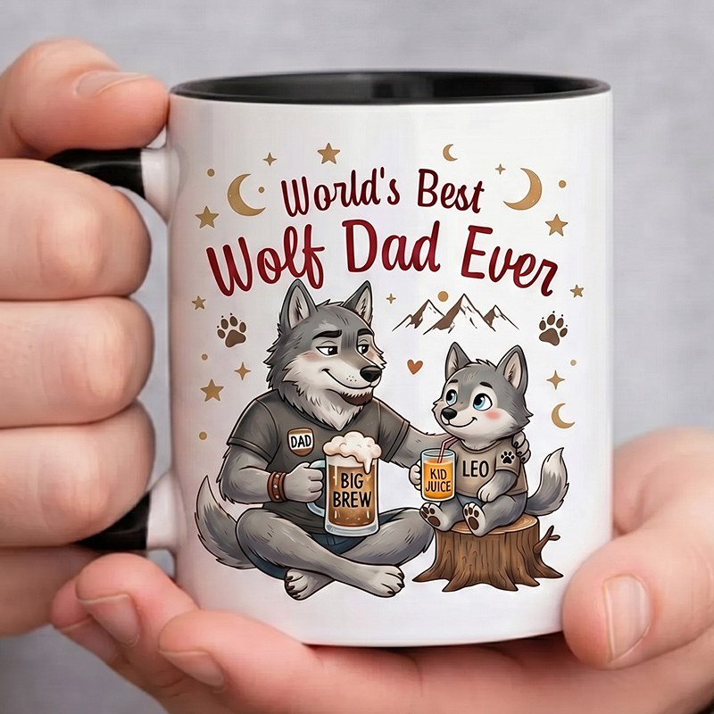 Personalized Dad & Baby Wolf Design 11 oz Ceramic Mug with Name World’s Best Wolf Dad Ever Mug Birthday Gift for Dad