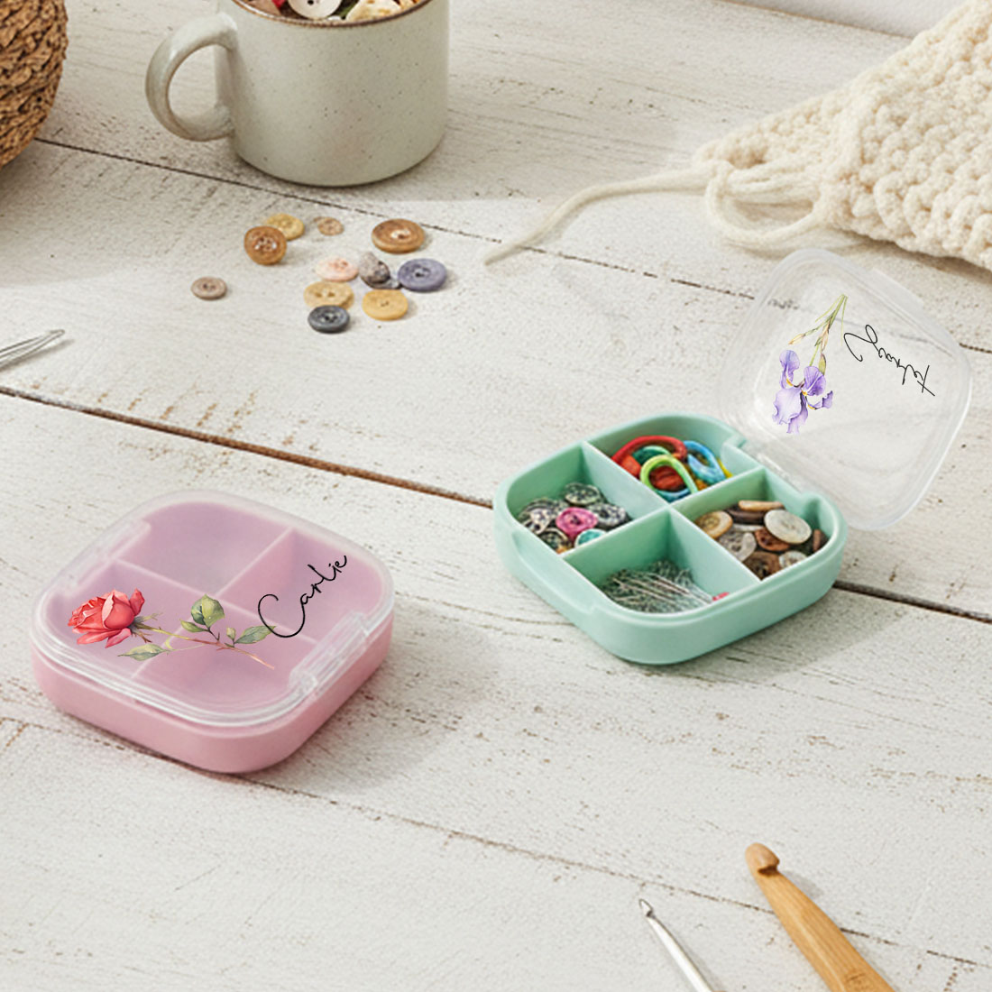 Personalized Knitting Crochet Notions Case Mini Storage Box 4 Compartments Multi Section Stitch Markers Point Protectors Tools Travel Compartments Case Custom Name with Birth Flower Crochet Tool Organizer