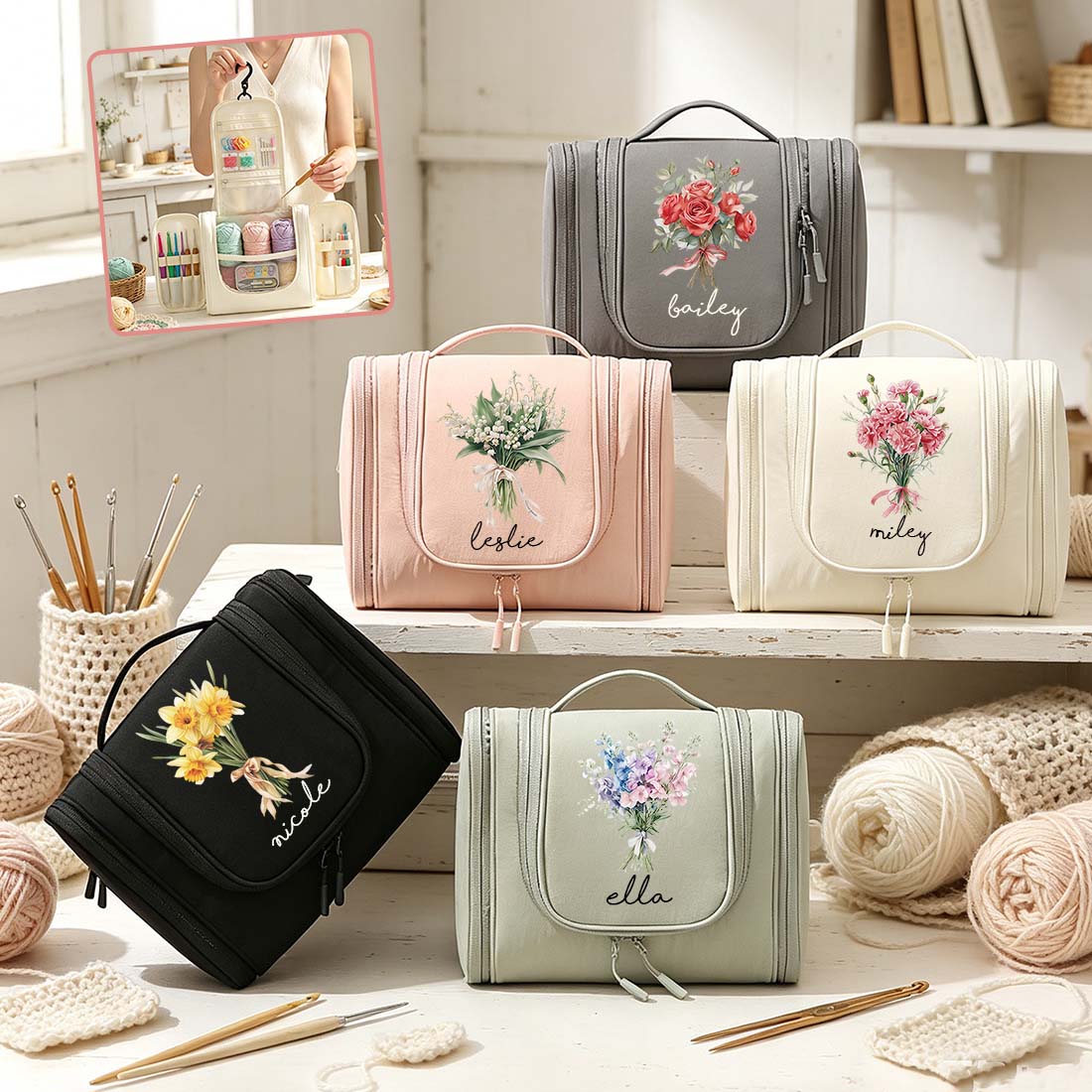 Personalized Crochet Storage Bag Water Resistant Crochet Storage Bag with Hanging Hook Custom Name with Birth Flower Crochet Tool Storage Bag Portable Storage Bag Large Capacity Multiple Pockets Organizer Bag