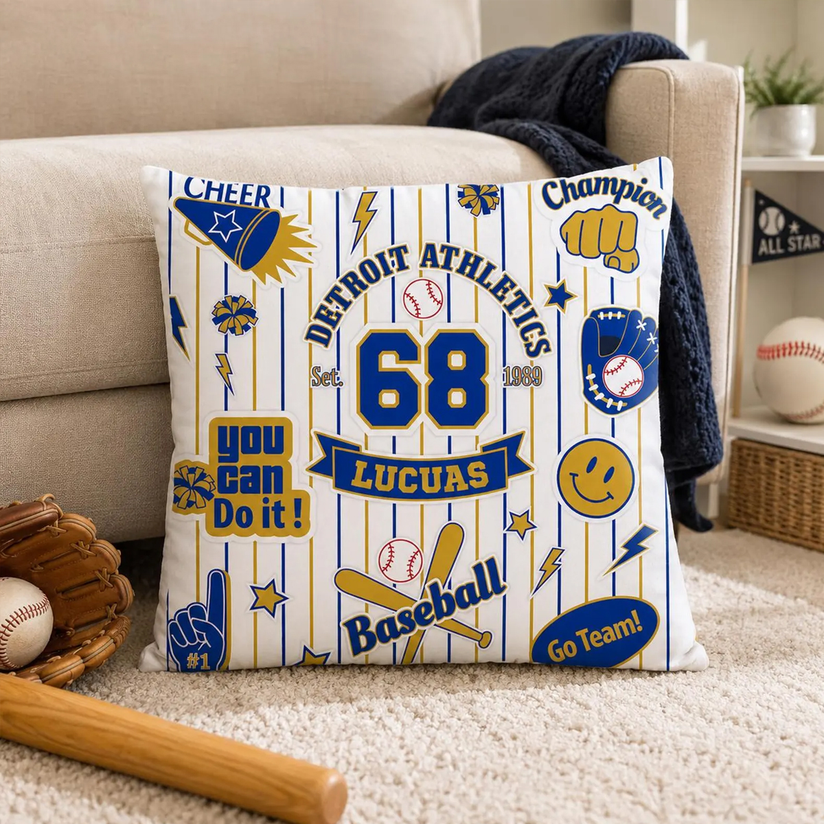  Personalized Sports Throw Pillow Custom Name Number Team Jersey Style Cushion Gift for Athlete Sports Fan