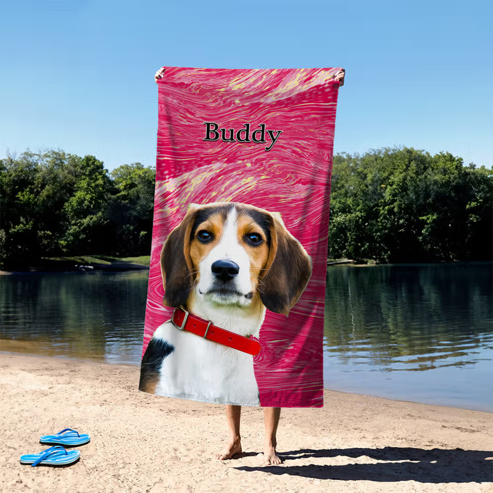 Personalized Pet Portrait Oil Painting Quick Dry Beach Towel with Name Birthday Gift for Pet Lovers