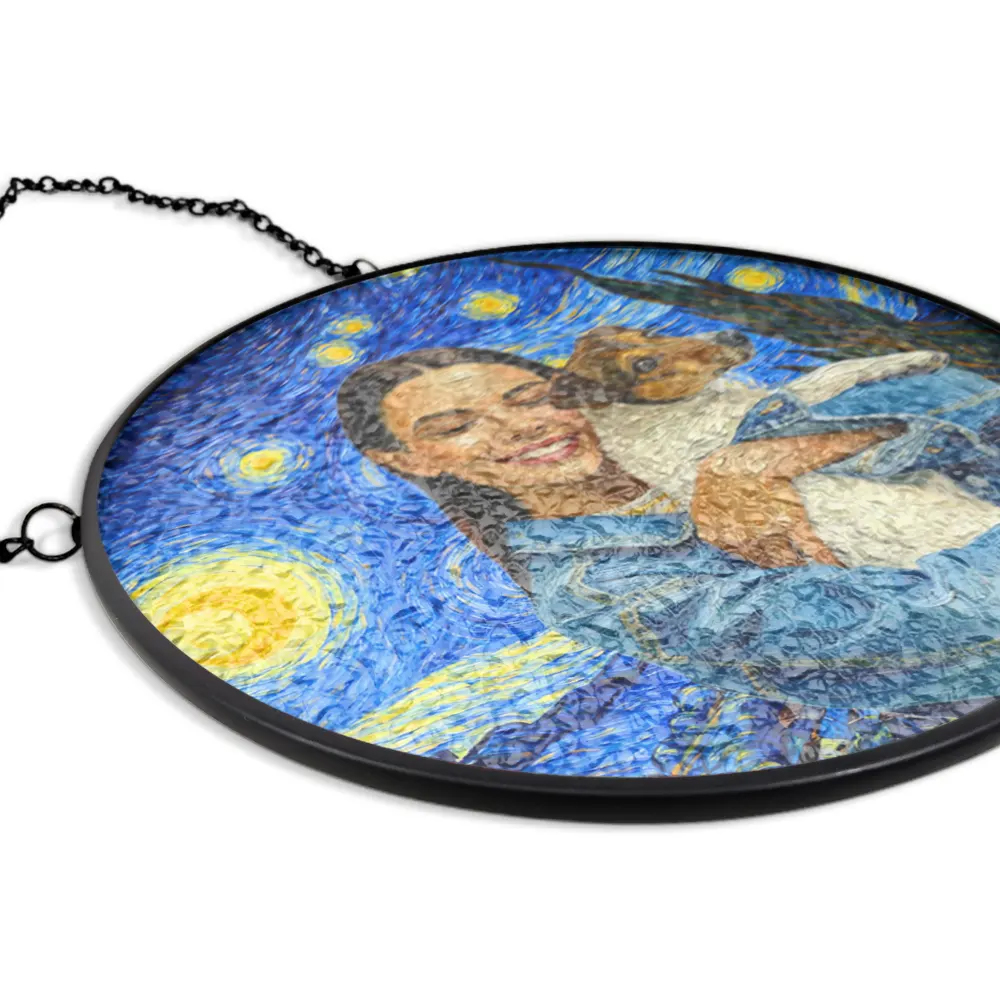 Personalized Stained Glass Window Hanging Suncatcher Custom Photo Starry Night Gift for Pet Lover