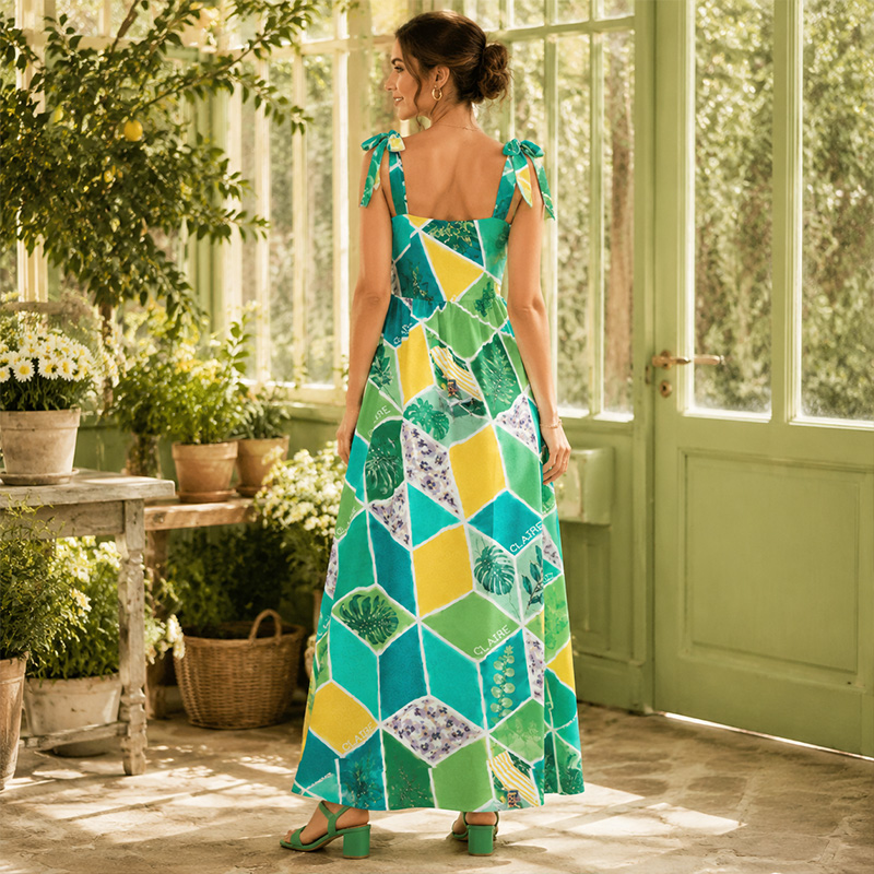 Personalized Tropical Plant Diamond Tile Pattern Tie Shoulder Flowy A Line Long Sundress For European Countryside Travel Couple Holiday