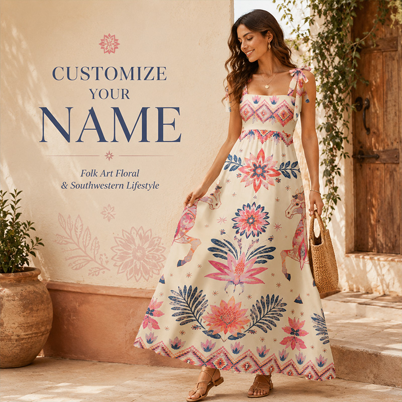 Personalized Boho Ethnic Horse Floral Print Bow Tie Strap Sweetheart Neck Maxi Dress For Summer Southwest Vacation Beach Honeymoon