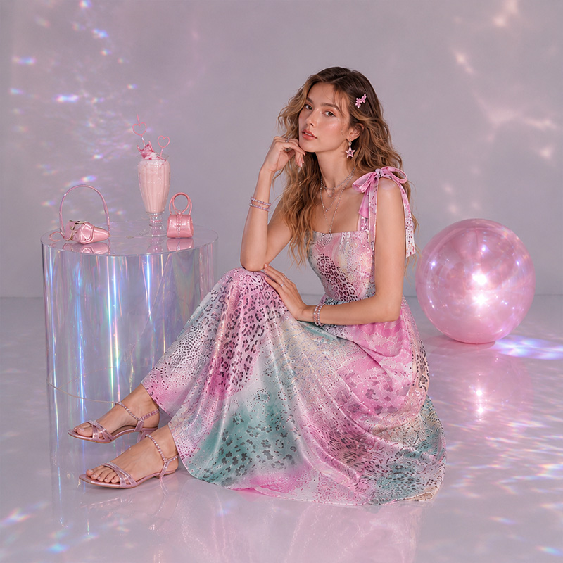 Personalized Shiny Satin Ombre Leopard Flower Collage Print Bow Strap Floor Length Dress For Summer Holiday Night Out Travel