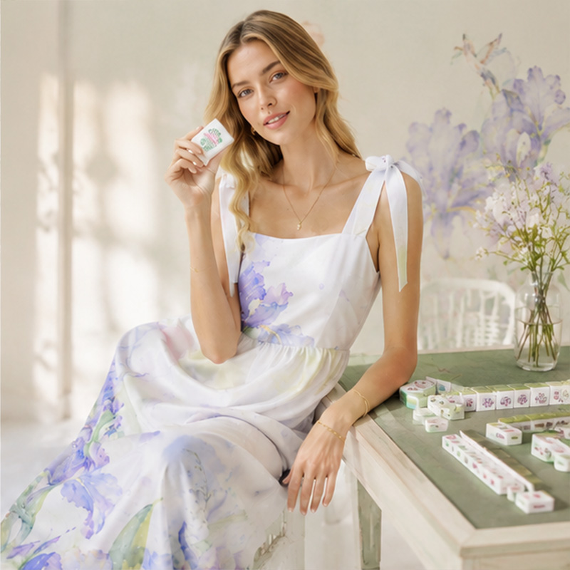 Personalized Watercolor Iris Mahjong Bow Strap Oriental Vacation Maxi Dress Pastel Ink Floral Mahjong Satin Summer Sundress Mahjong Style Purple Iris Square Neck Long Dress