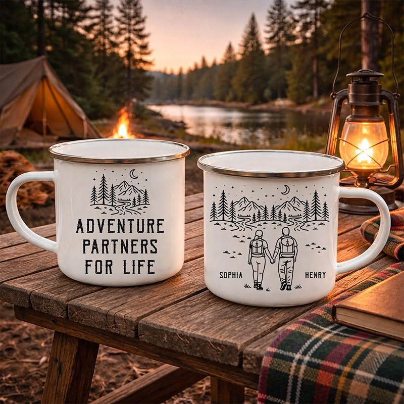 Personalized Adventure Partners For Life Camping Enamel Mug Custom Couple Hiking Travel Cup Anniversary Wedding Gift For Husband Wife