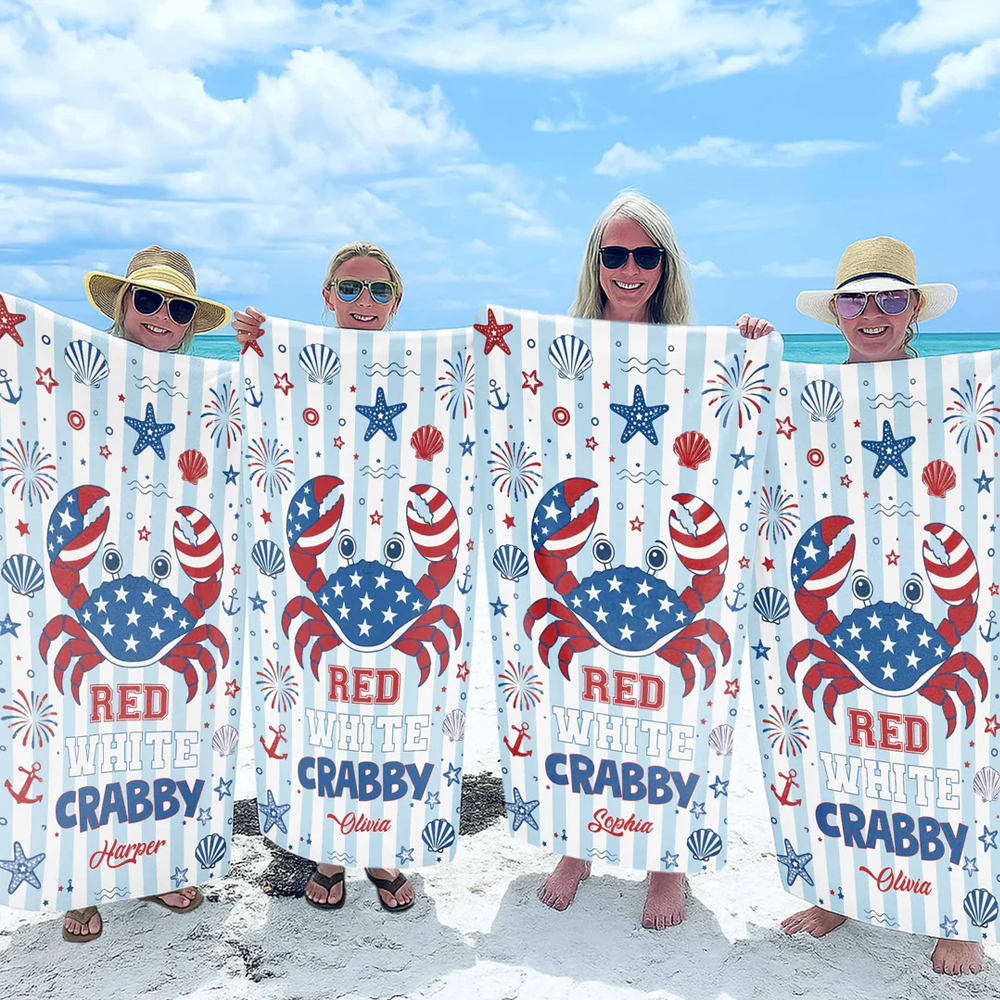 Personalized Beach Towel USA 250th Red White Crabby Gift For Beach Lovers