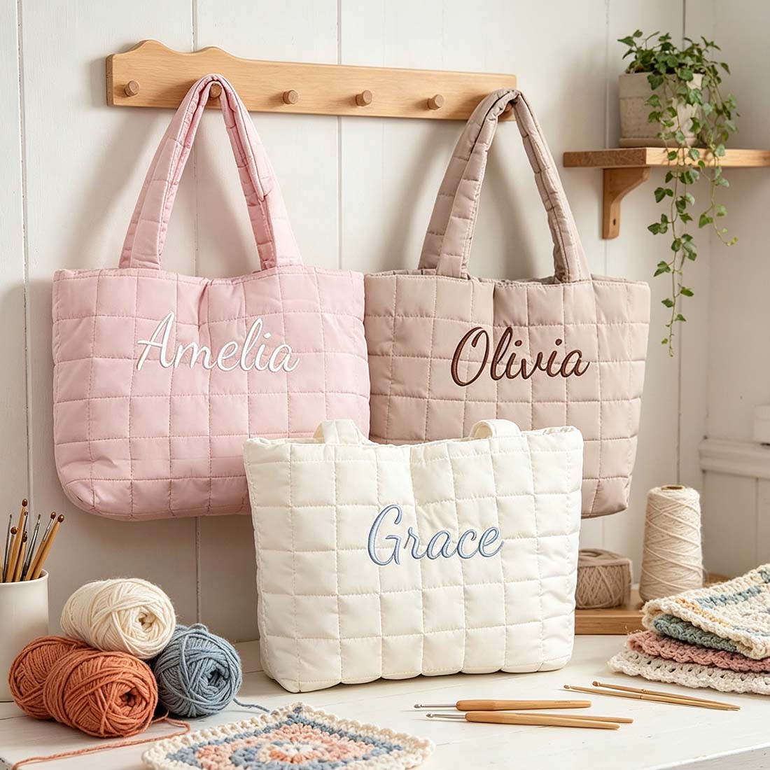 Personalized Crochet Tool Storage Tote Bag, Nylon Quilted Tote Bag, Custom Embroidered Name Shoulder Tote