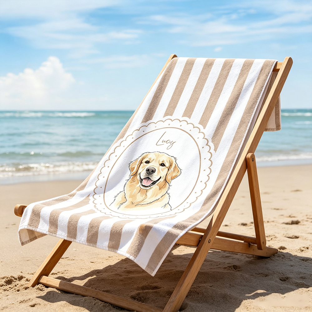 Personalized Pet Beach Towel Custom Pet Portrait Watercolor Striped Pattern with Name Gift for Pet