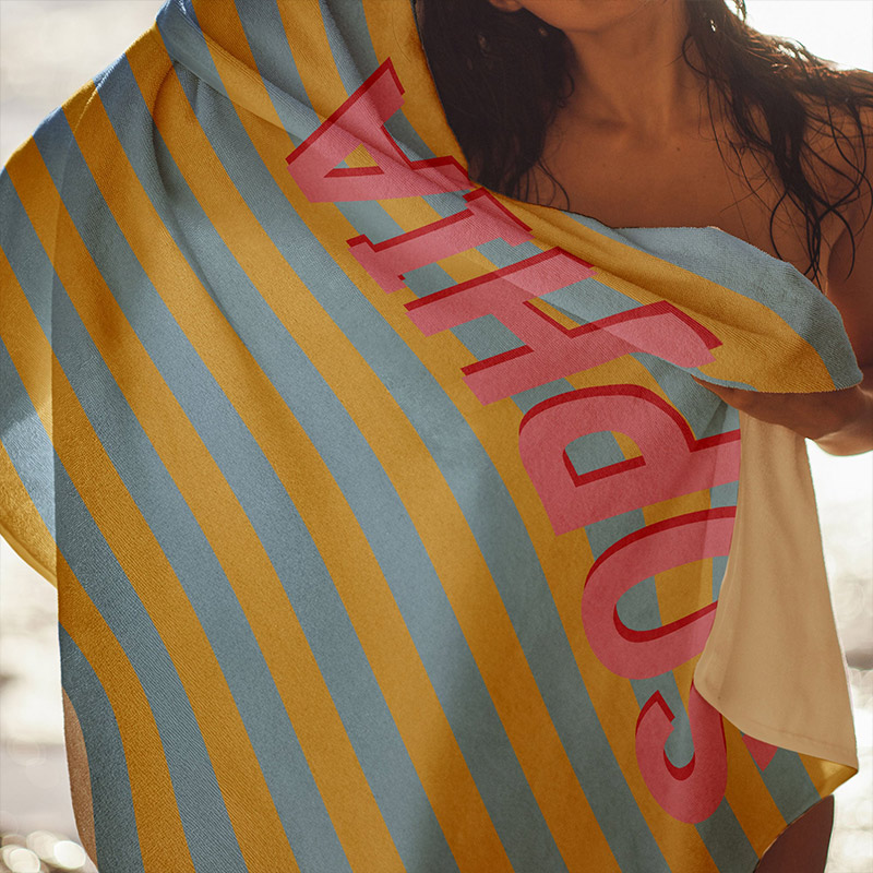 Personalized Summer Vibes Beach Towel with Striped Monogram Name Beach Towel Gift for Traveling Lovers
