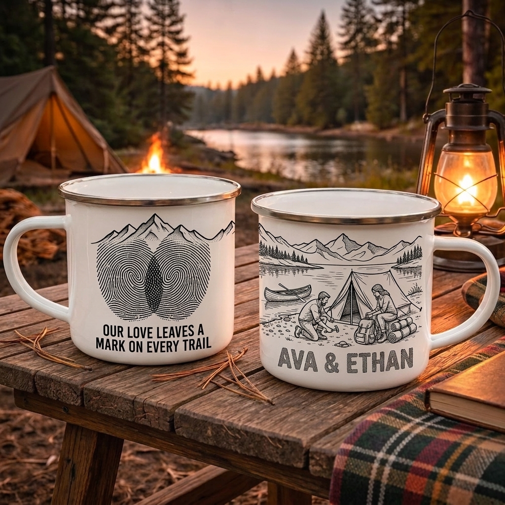 Personalized Couple Enamel Mug Custom Couple Hiking Travel Cup Anniversary Wedding Gift For Husband Wife