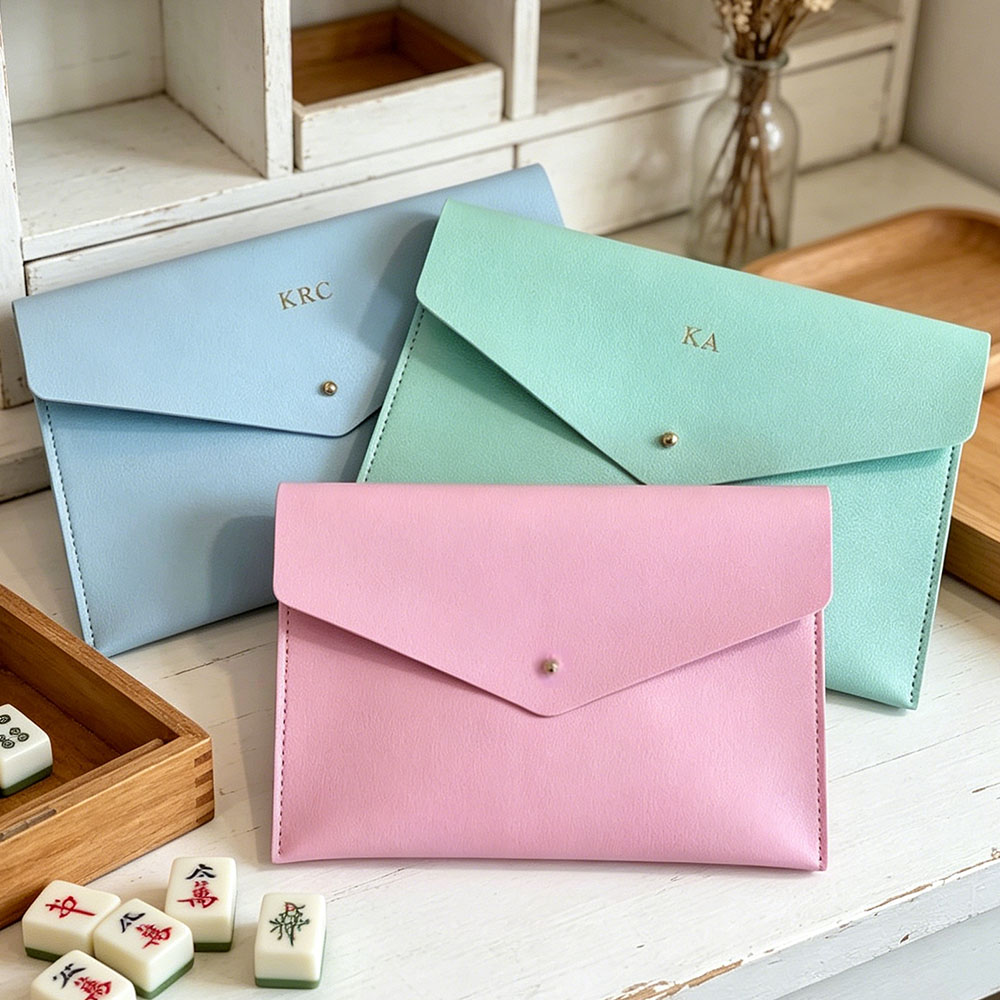 Mahjong Card Case Personalized Gift Monogram Holder Leather Clutch Card Storage Game Accessory Custom Design Embossed Initials