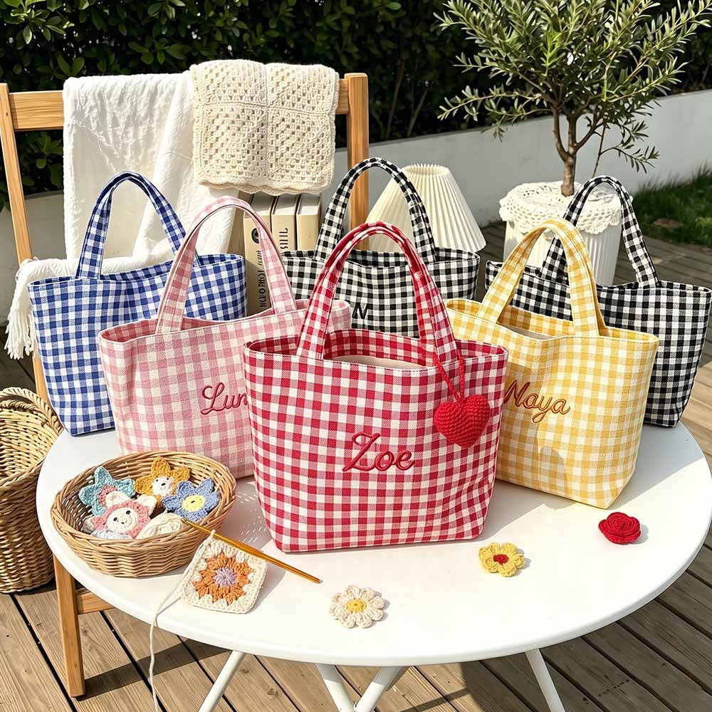 Personalized Crochet Tool Storage Tote Bag Embroidered Gingham Tote Bag Custom Name Canvas Tote Reusable Shopping Bag