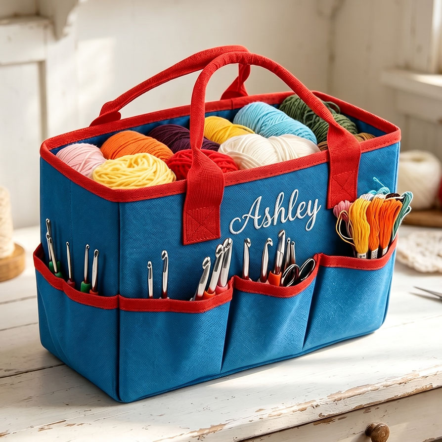 Personalized Crochet Tool Storage Tote Bag Embroidered Gingham Tote Bag Custom Name Premium Oxford Cloth Tote Reusable Storage Bags