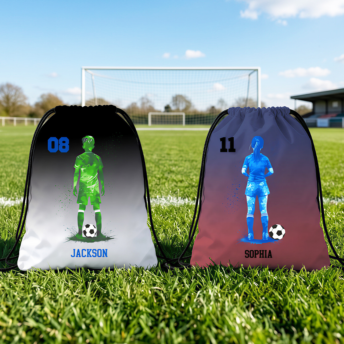 Personalized Soccer Character Silhouette Name Gradient Sports Bag Gift for Kid Teenager Soccer Lover