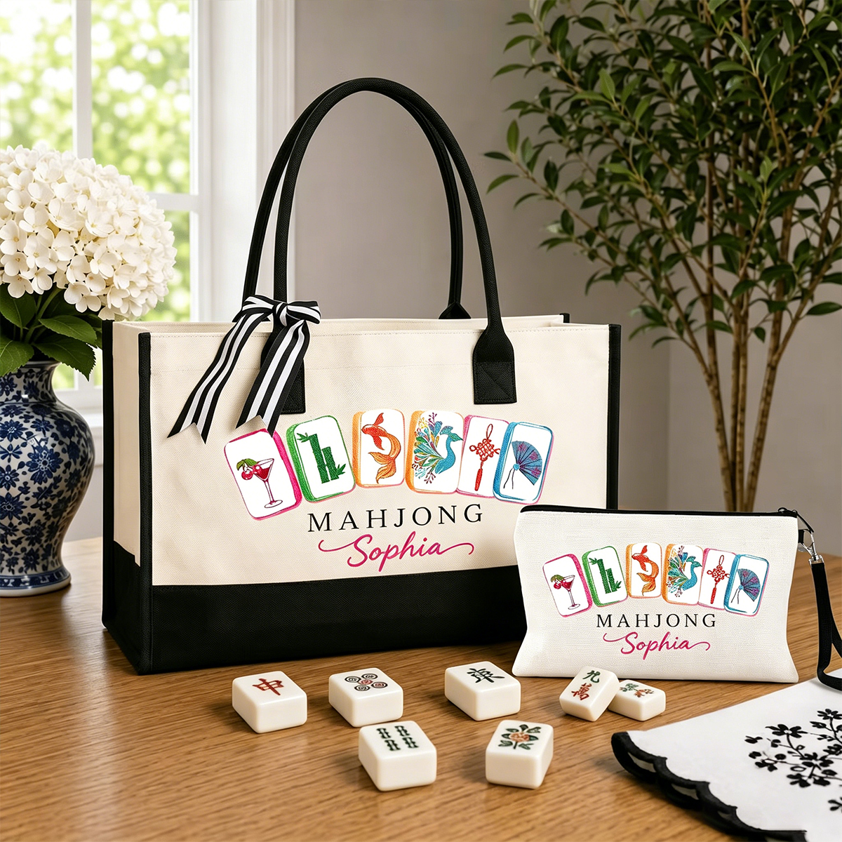 Personalized Mahjong Theme Portable Makeup Bag Large Tote Bag Set with Text Travel Essential Birthday Mahjong Club Gift for Mahjong Lovers