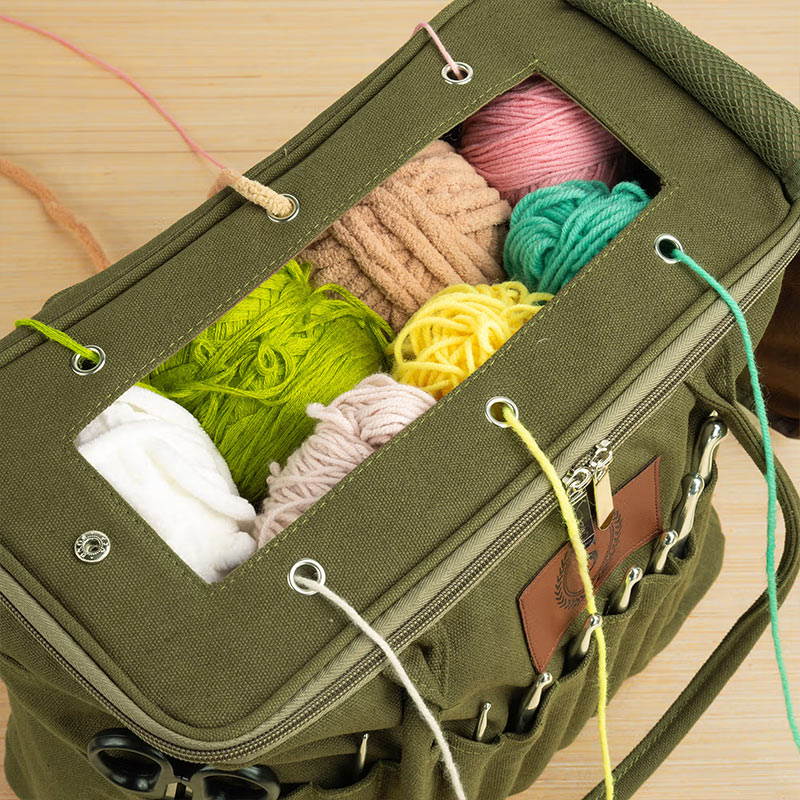 Personalized Monogram Large Canvas Yarn Storage Bag with Needle Pockets and Handle Crochet Knitting Accessories Birthday Gift for Craft Lovers