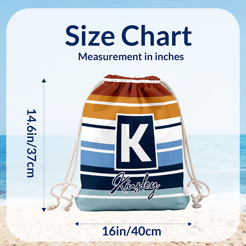 Striped Drawstring Beach Backpack with Name and Initial Beach Party Birthday Gift for Friends Adults