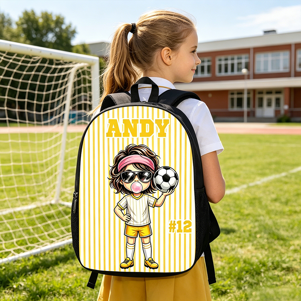 Personalized Stripes Cartoon Soccer Kid Character Backpack with Name Back to School Birthday Gift for Boys Girls