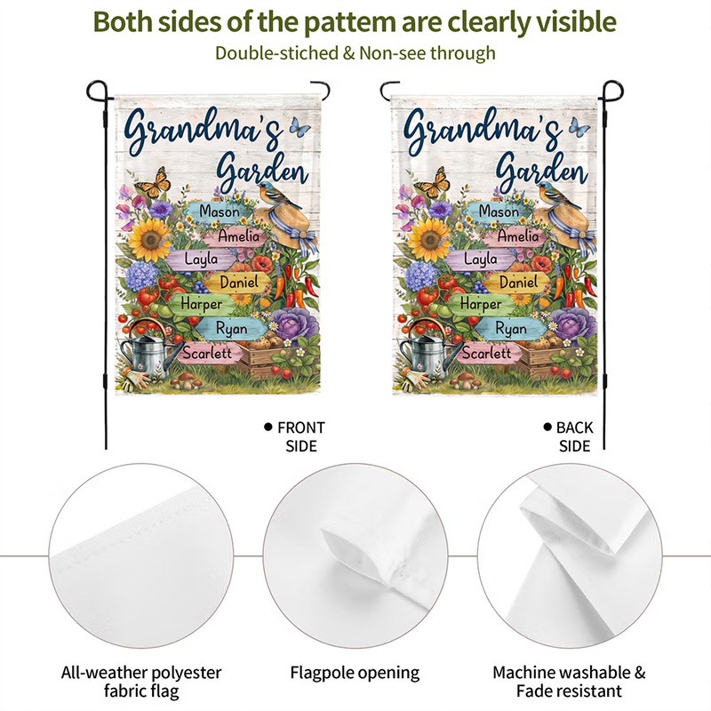 Personalized Butterfly Floral Vegetable Garden Flag with 1-8 Names and Nickname Balcony Outdoor Decor Birthday Anniversary Gift for Family Gardener