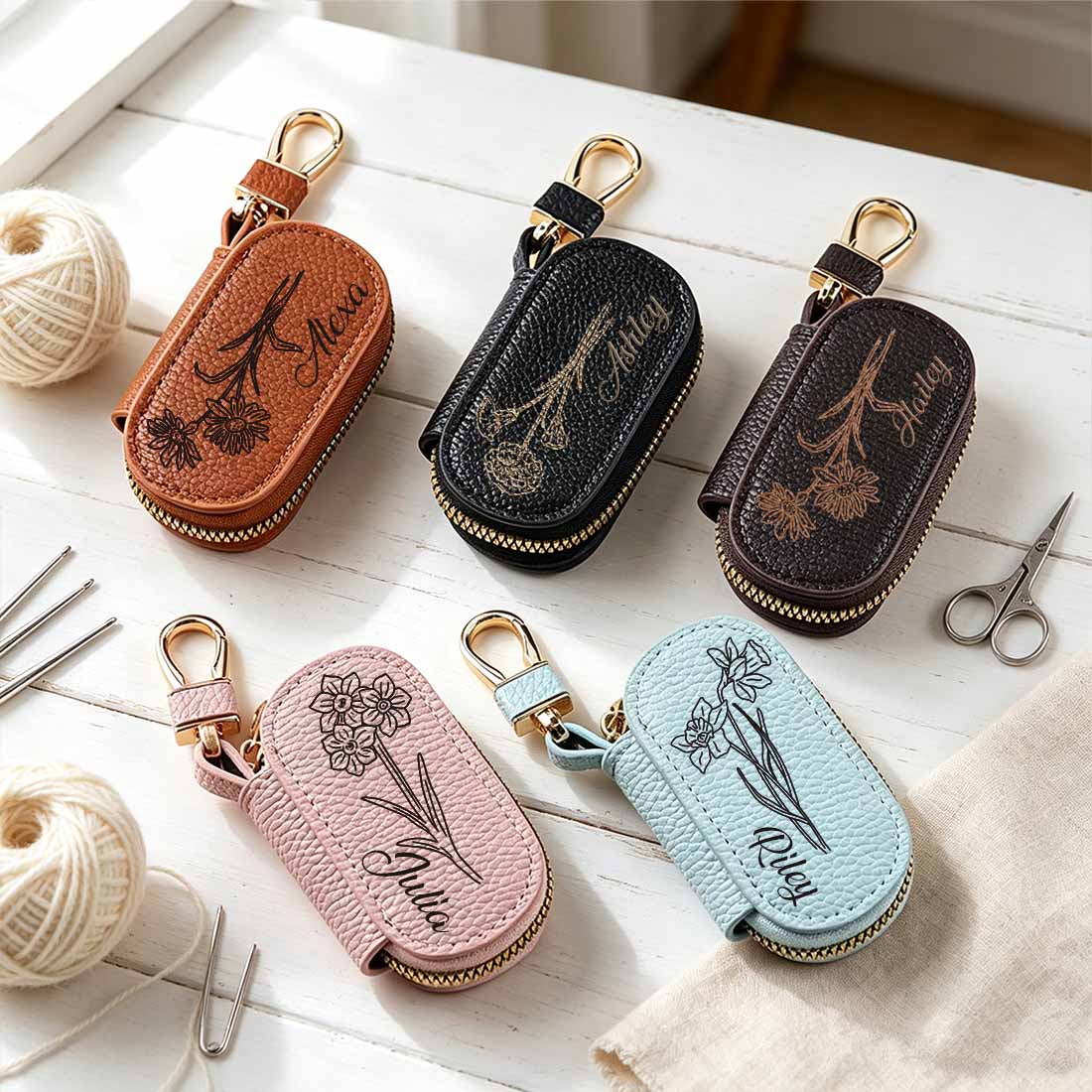 Personalized Knitting Crochet Notions Bag Mini Storage Bag Stitch Markers Point Protectors Tools Custom Name with Birth Flower