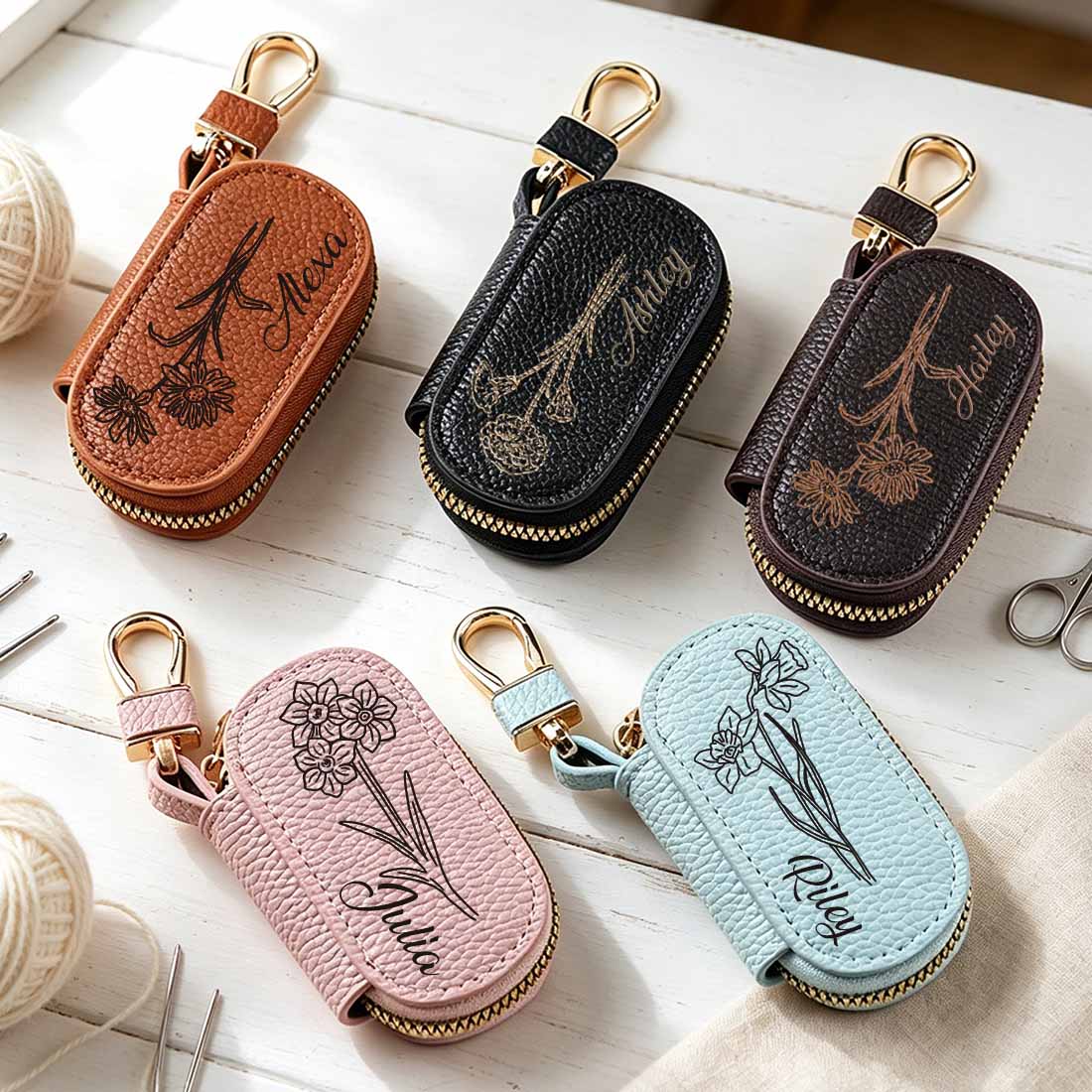 Personalized Knitting Crochet Notions Bag Mini Storage Bag Stitch Markers Point Protectors Tools Custom Name with Birth Flower