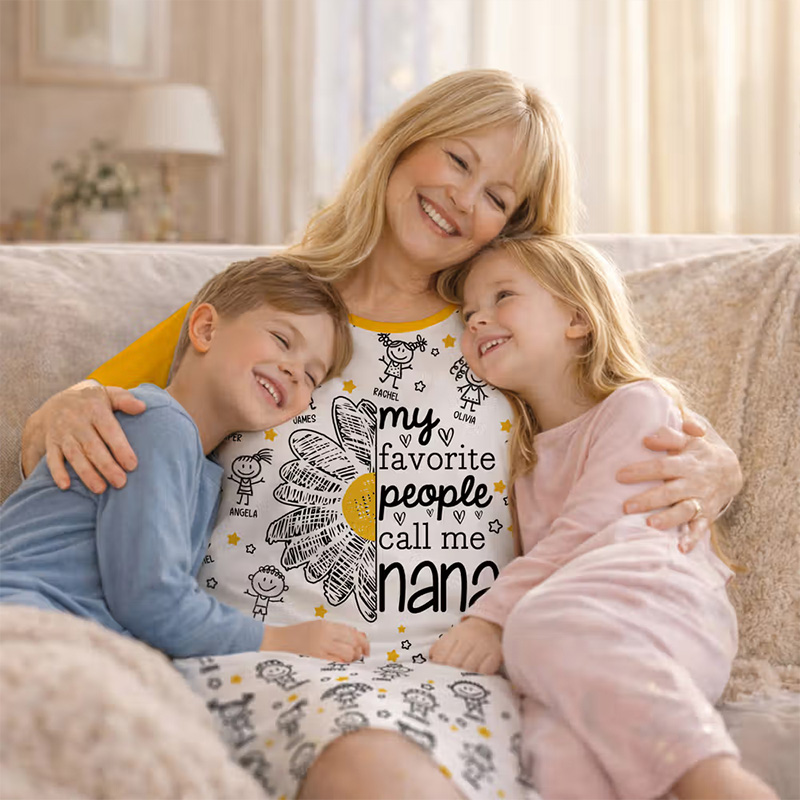 Personalized 1-12 Cartoon Line Art Kids Nightgown with Names and Side Pocket Daily Wear Mother's Day Birthday Gift for Grandma Mom