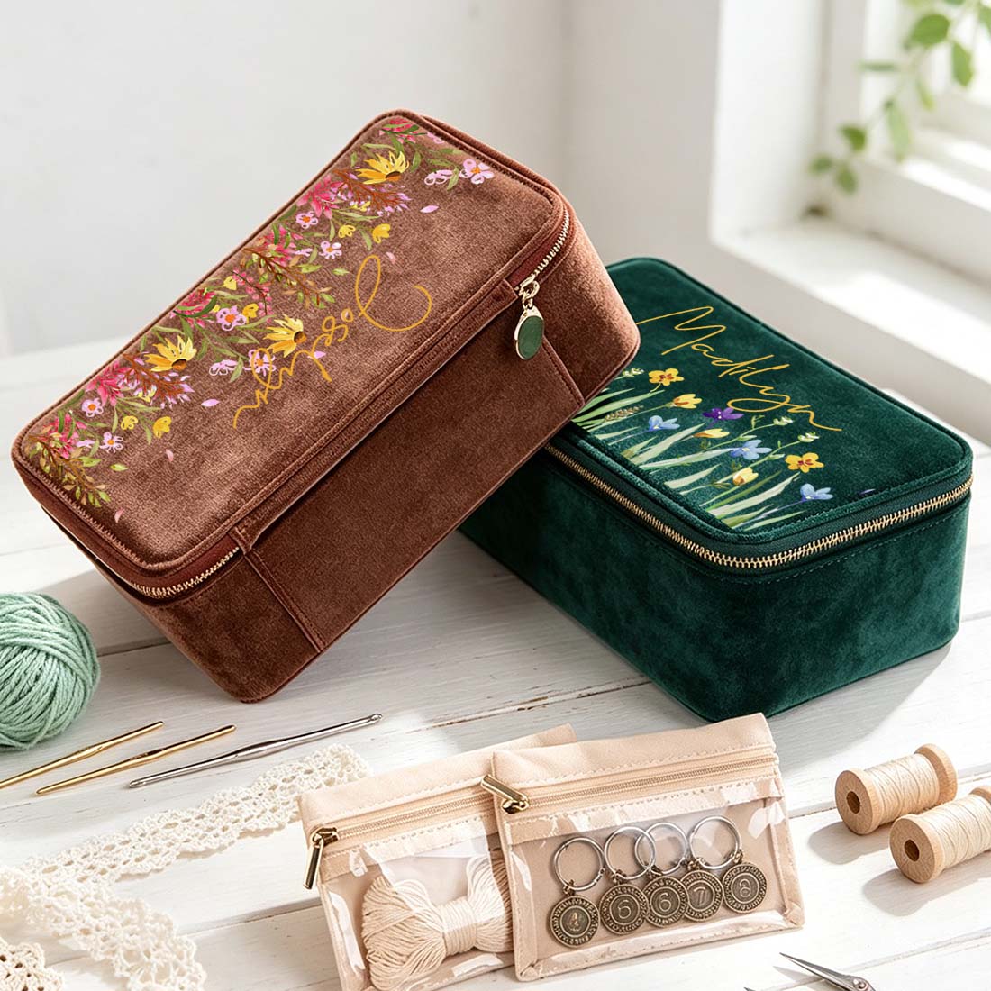 Personalized Plush Velvet Knitting Crochet Notions Case Box Portable Storage Box Section Stitch Markers Custom Name with Birth Flower