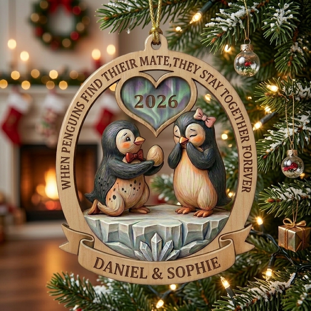 Personalized Penguin Couple Christmas Ornament 2026 Wedding Couple Ornament Custom Names Acrylic Tree Ornament For Newlyweds Couple Gift