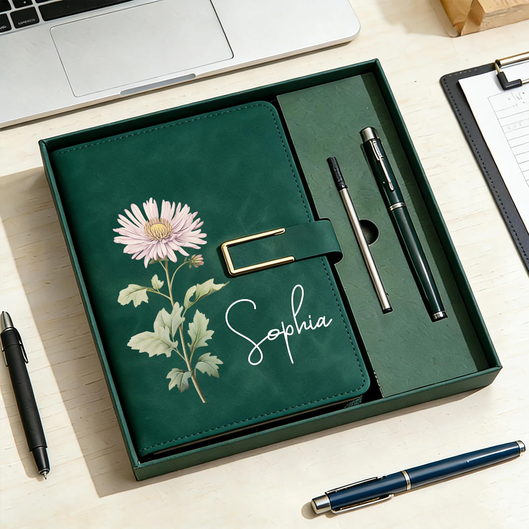 Personalized Birth Flower Notebook & Pen Set Custom Name Leather Journal Gift Birth Month Flower Journal for Women
