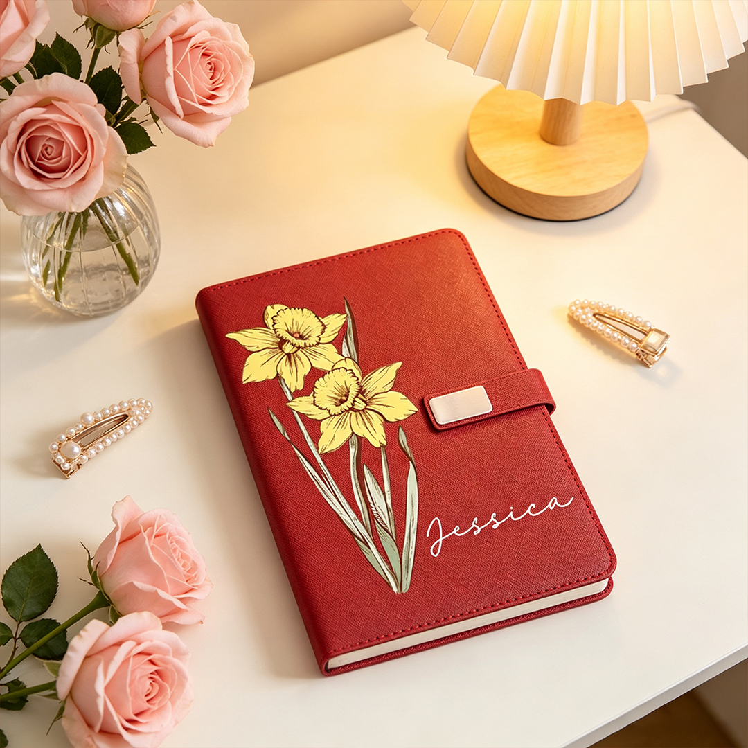 Personalized Birth Flower Notebook Pen and Cup Set Custom Name Birthday Gift for Her