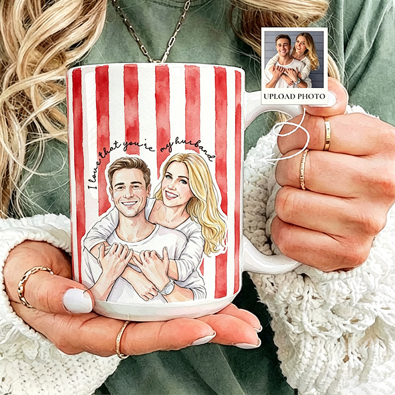 Personalized Watercolor Couple Photo Mug Stripe Custom Picture Coffee Cup Gift For Husband Wife Anniversary Valentine’s Day Gift for Her