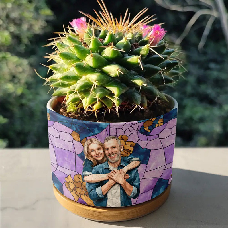 Personalized Photo Stained Glass Portrait Mom Grandma Parents Family Custom Ceramic Plant Pot