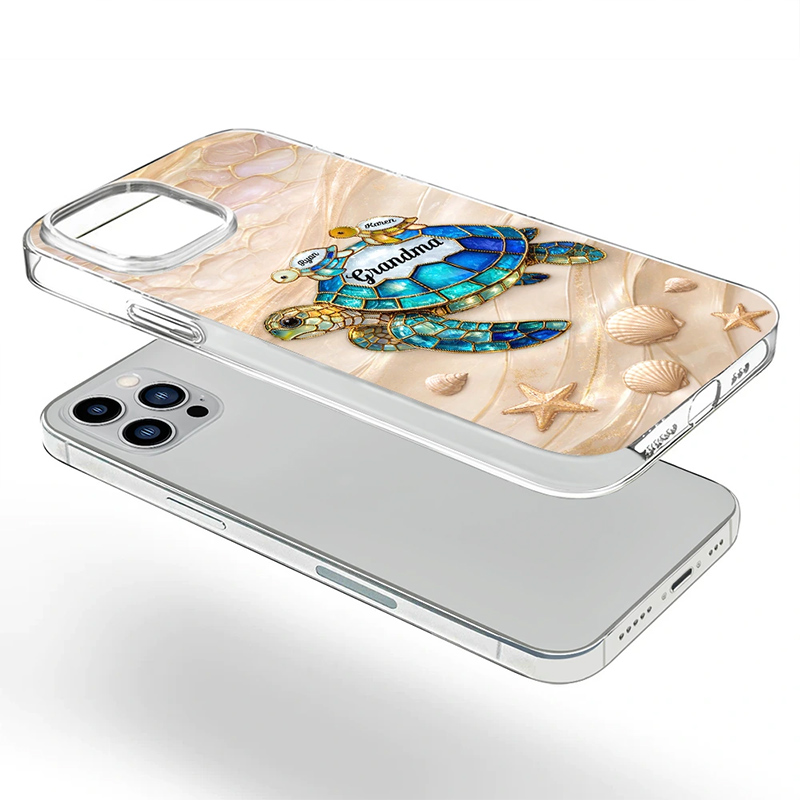 Personalized Turtle Stained Glass Mom Grandma Photo Case Custom Clear Phone Case with Kids Names Gift for Mom Grandma