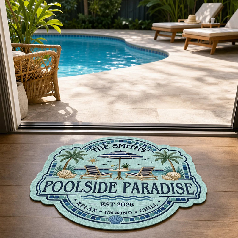 Personalized Poolside Shaped Doormat Cuatom Family Summer Vacation And Travel Gifts For Mom Dad Brother Sister Welcome To Paradise