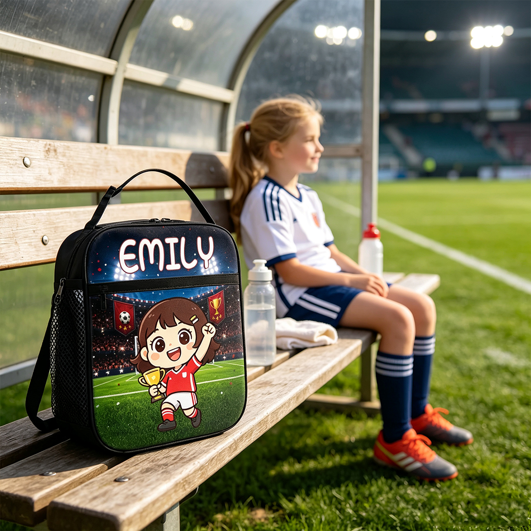 Personalized Soccer Theme 3D Cartoon Character Lunch Bag with Photo and Name Back to School Birthday Gift for Boys Girls