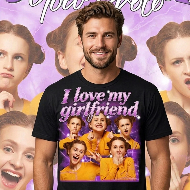 Personalized I Love My Girlfriend Bootleg Style Classic T-Shirt Custom Text Boyfriend Photo Tee Couple Face Rap Style Shirt Valentine's Day Gift for Him Her