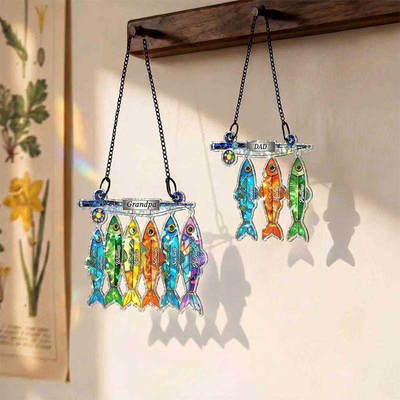 Personalized Fishing Rod Hook Fishes Acrylic Ornament with Names Birthday Father's Day Gift for Dad Husband Fishing Lover