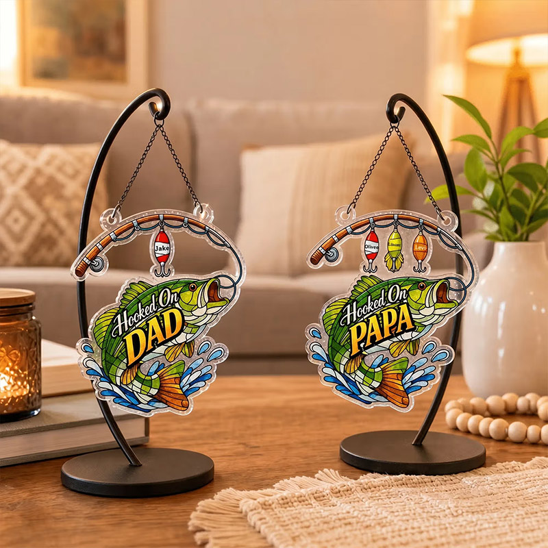 Personalized Fishing Rod Pattern Acrylic Hanging Ornament with 1-8 Names and Title Home Decor Father's Day Birthday Gift for Dad Husband Friend